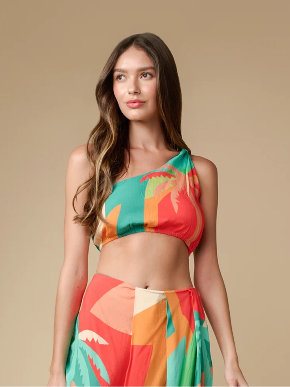 Z&L Europe "Hali" BRIGHT, COLORFUL Palm Trees CROP TOP Small one shoulder new